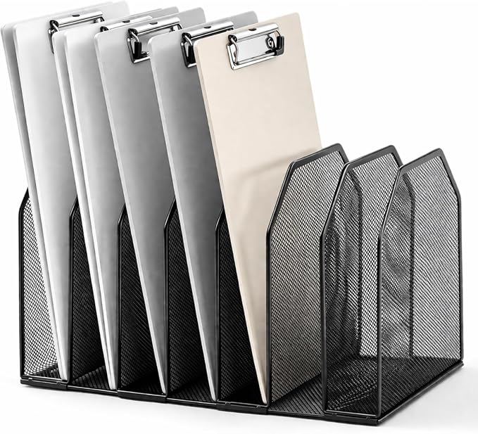 Sliner 1 Pcs Metal Clipboard Holder, 7 Slot Vertical File Organizer,Black | Classroom Clipboard Holder, Mesh Desk File Storage Rack, Desktop Wire Document Sorter for School Teacher Home Office Supplies by Sliner