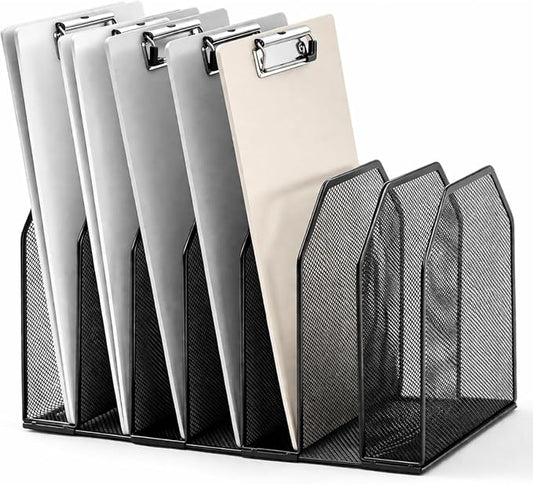 Sliner 1 Pcs Metal Clipboard Holder, 7 Slot Vertical File Organizer,Black | Classroom Clipboard Holder, Mesh Desk File Storage Rack, Desktop Wire Document Sorter for School Teacher Home Office Supplies by Sliner