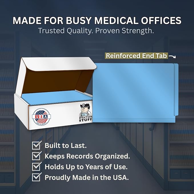 Blue File Folders, Doctor Stuff, Legal Size Reinforced End Tab Folder with 2" Bonded Fastener on Inside Front and Back, 14 pt Stock, Box of 50 - Image 8