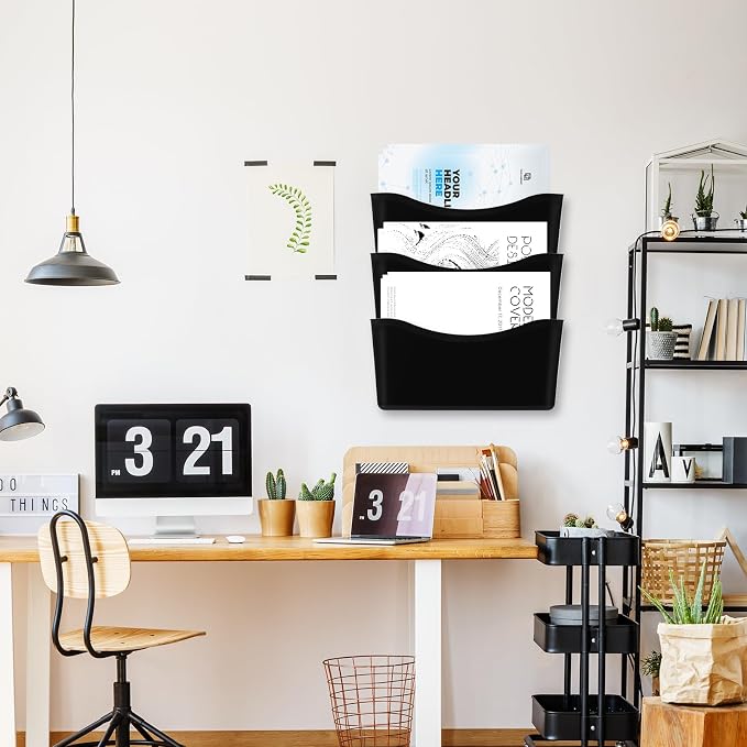 Colarr 6 Pack Expandable Pocket Wall File Holder Plastic Hanging Wall Organizer Space Saving Wallmount File Holder for Office Mail Letter Magazine(Black) - Image 6