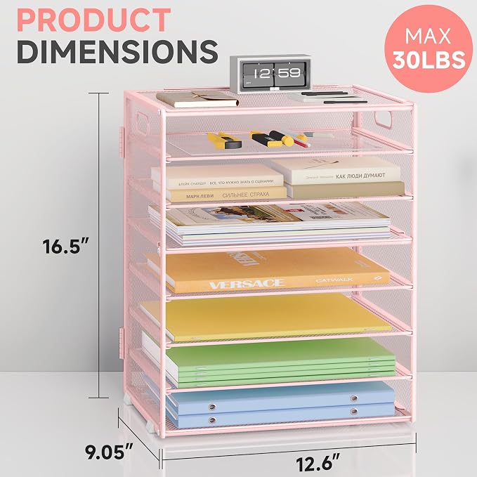 Paper Organizer with Handle Metal Mesh File Sorter Large Capacity Desk Organizers Paper Letter Tray Desktop Document Sorter for Office or Home2 Pack 8 Tier Pink Storage for Desk - Image 2