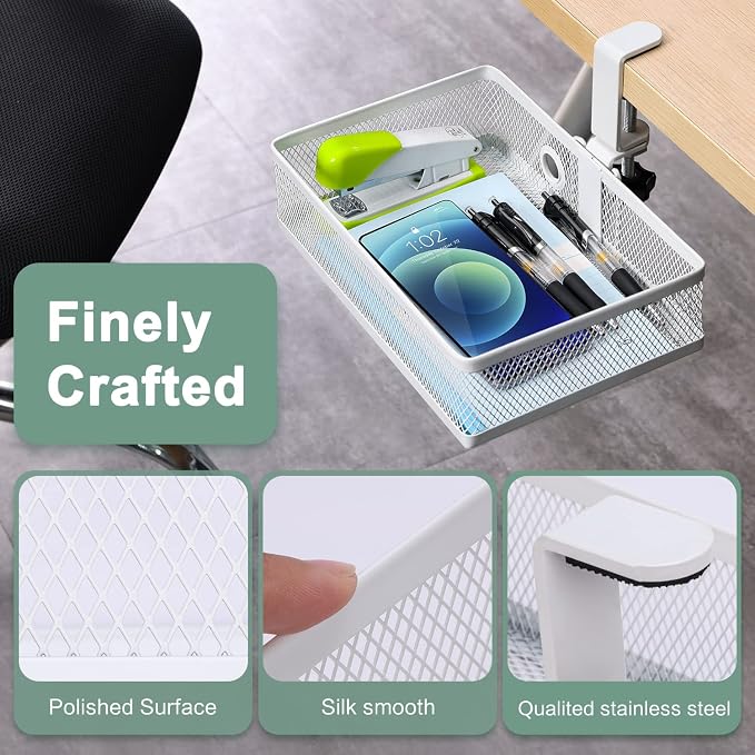 ROSYLINE Under Desk Storage Basket Hanging Drawer Tray, Clamp On Organizer | Thickened C-Clamp, High Load No Deformation Sag-Proof, Steel Construction, Clip-On No Drill Mount, Office & Household Storage - Image 5