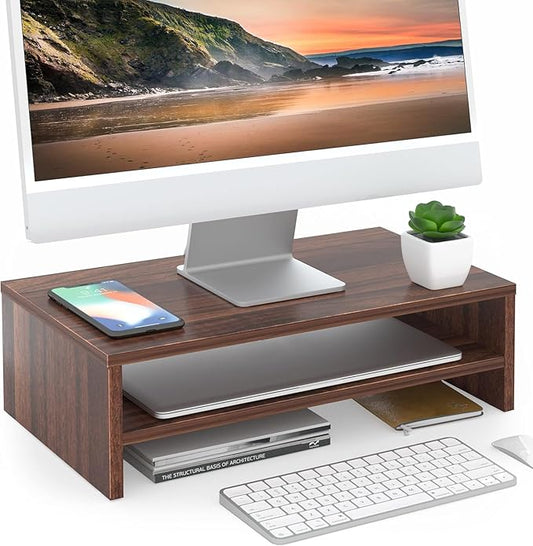 FITUEYES Wooden Monitor Stand Riser, 2-Tier Desk Storage Shelf, Brown | 16.7-Inch Desktop Organizer Fits Laptop, Computer Screen and Office Supplies by FITUEYES