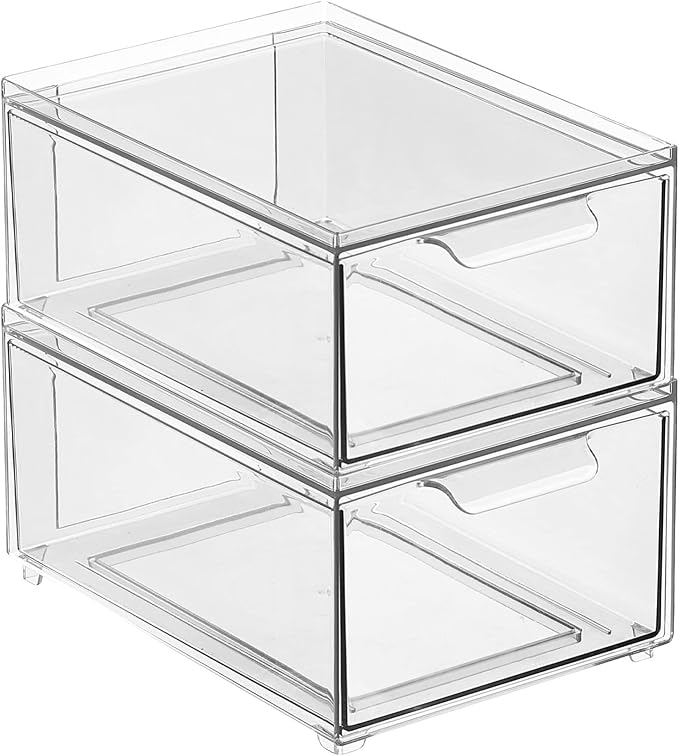 mDesign Stackable Storage Containers Box with 2 Pull-Out Drawers - Stacking Plastic Drawer Bins for Closet Organization, Linen, Coat, Bedroom or Entryway Closets - Lumiere Collection - 2 Pack - Clear - Image 9