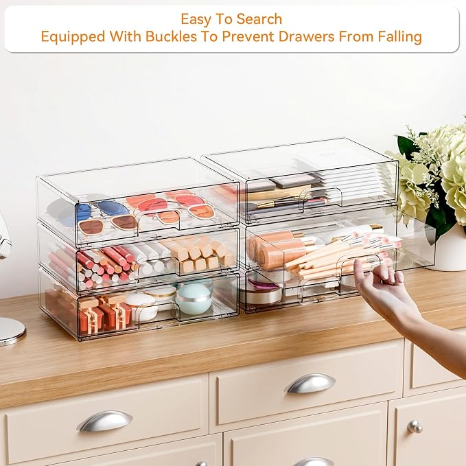 12.1''W Clear Stackable Storage Drawers,2 Pack Acrylic Drawer Organizer for Hair Accessories,Makeup Organizers,Plastic Organizer Bins for Vanity,Bathroom,Cabinet,Desktop,Office Supply Organizer - Image 4