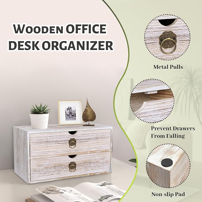 Wood Desk Organizer, Vintage Brown Wooden Desktop Organizer with Drawer, Tabletop Storage Organization Box for Countertop, Home Office Supplies, Bills, 13.3 x 6.5 x 7 Inches(2 Drawer) - Image 5