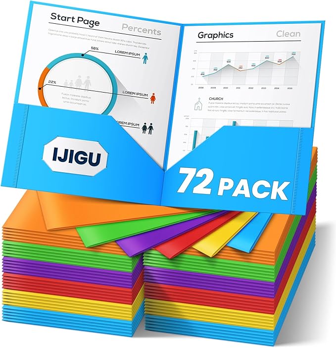 IJIGU 72 Packs Plastic 2 Pocket Folders, Bulk Heavy Duty Folder in 6 Colors, Durable and Sturdy Folders for School and Office Supplies by WelcomeToIJIGU