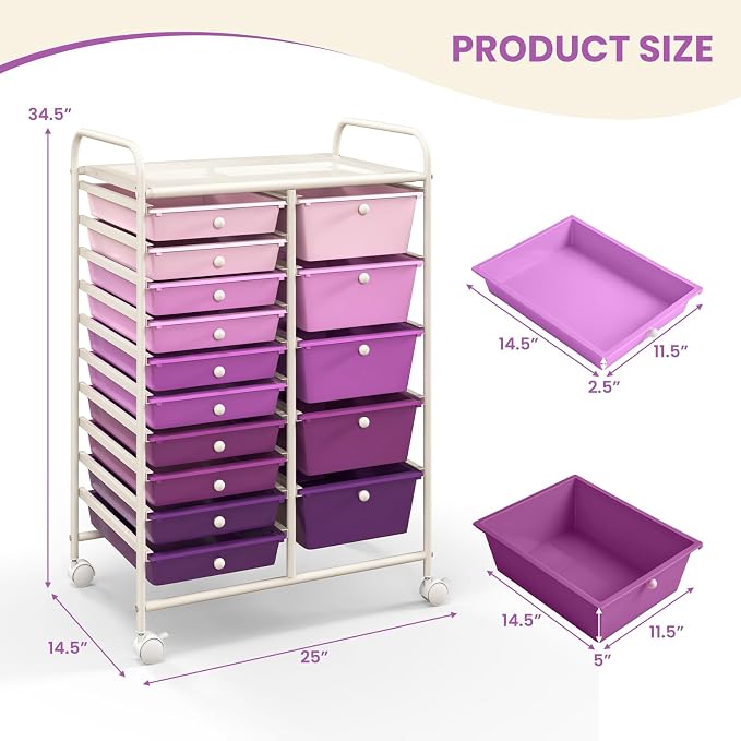 DORTALA 15-Drawer Rolling Storage Cart with Drawers, Rolling Utility Cart w/Removable Drawers & Universal Wheels, Tools Scrapbook Paper Organizer for School, Office, Home, Classroom (Gradient Purple) - Image 3