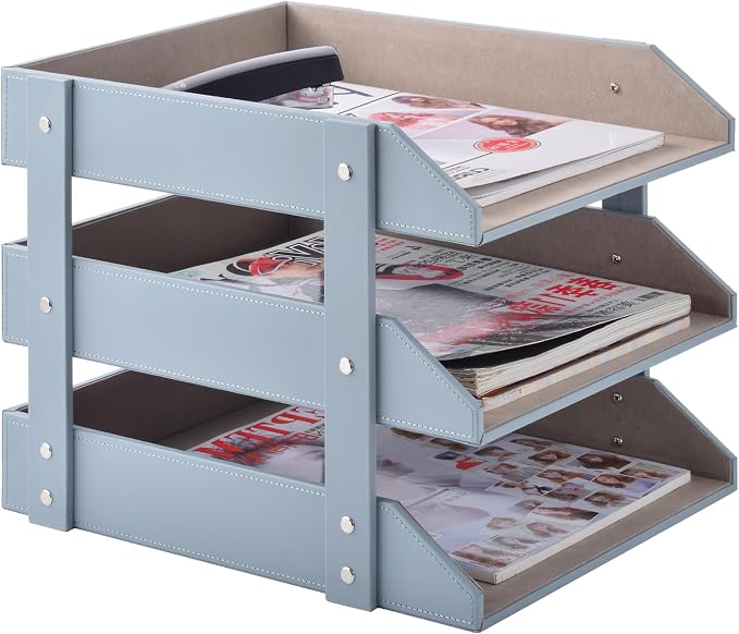 Leather Desk Organize Holder,3-Layer Stackable Letter Tray,Used to Store documents,Folders,Stationery,Magazines,Paper,and Other Home Office Supplies,Desk File Rack (Grey) by RHCSZ