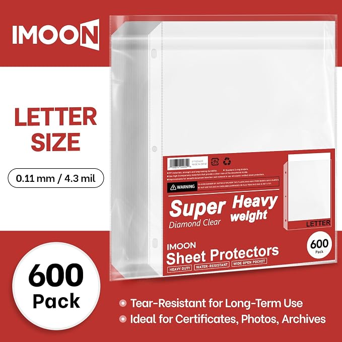 Super Heavyweight 3-Hole Letter Size Sheet Protectors - High Transparency Plastic Heavy Duty Sleeves for 3 Ring Binders, Archival Safe, Durable Page Protectors for Documents, 8.5x11 Inch (600 Pack) - Image 2