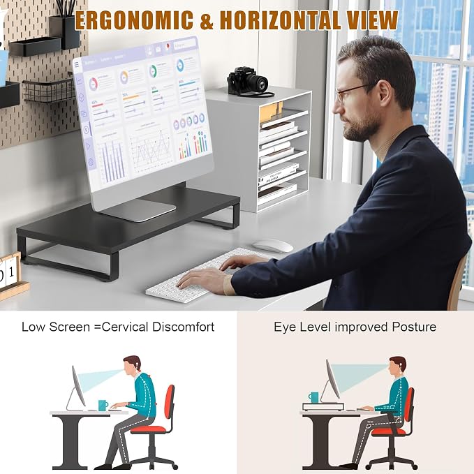 XINYAO Wood Monitor Stand Riser for Desk, 24x12x3 inch, Black | Sturdy wooden & steel computer monitor riser; ergonomic height reduces neck strain; Organizer for Office Laptop, PC, Printer - Image 6