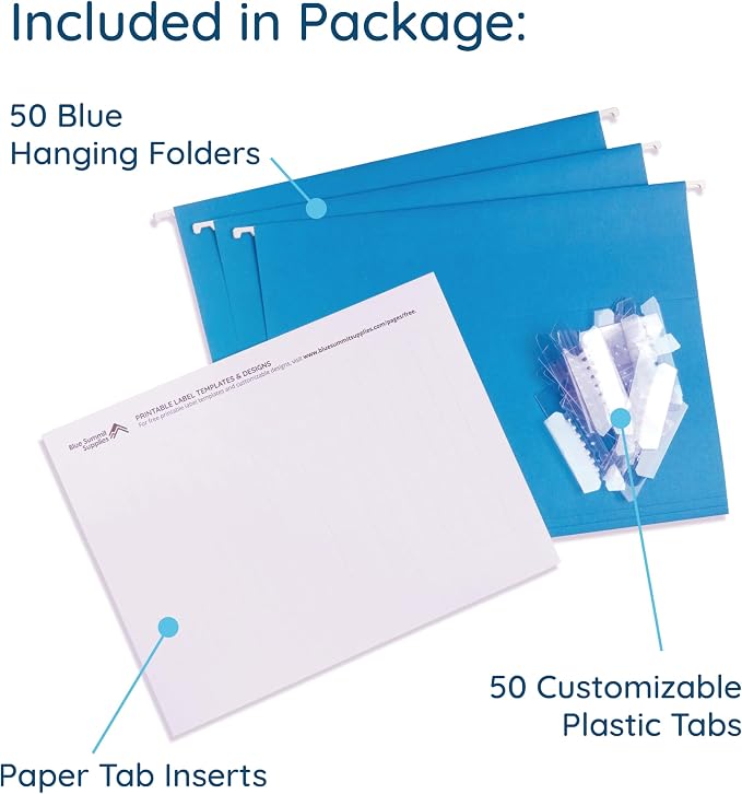 Blue Summit Supplies 50 Hanging File Folders, Letter Size, Blue | Reinforced letter size, 1/5 cut tabs, plastic tabs and inserts included, for filing cabinet, home, and office - Image 2