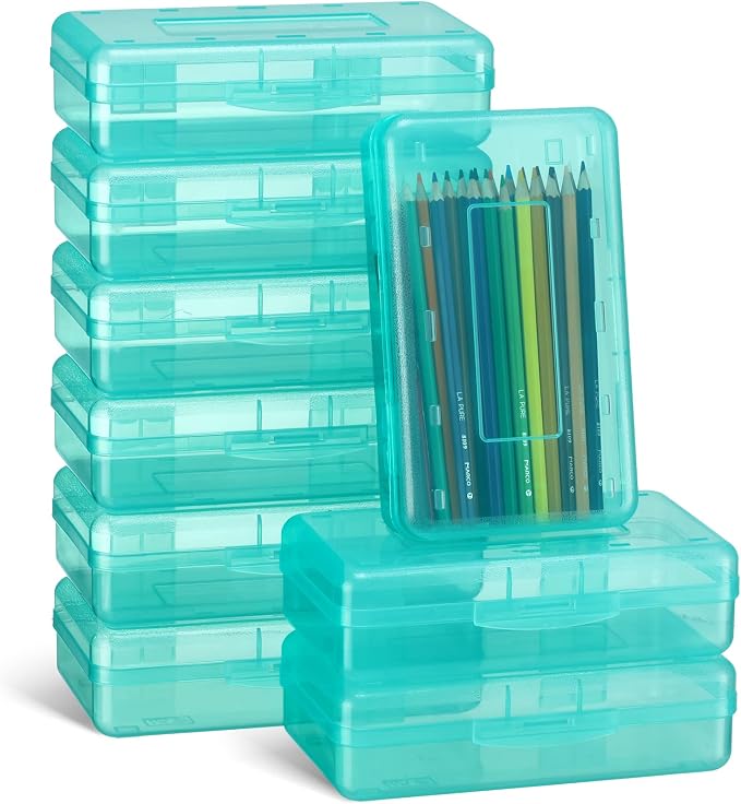 Leelosp 12 Pack Clear Pencil Boxes for School Bulk, Large Plastic Pencil Case with Lid, Stackable Hard Crayon Storage Box for Classroom Kids, Desk Drawer Organizer for Office Home(Jade) by Leelosp