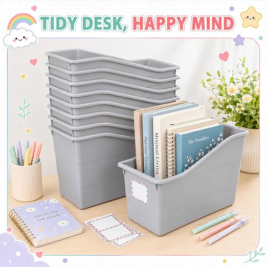 12 Pack Large Book Bins, Durable Magazine Organizer File Holder Quality Plastic Book Storage Bins with Labels for Classroom Library, Office, Desktop Organization, Bookshelf Categorization (Grey) - Image 4