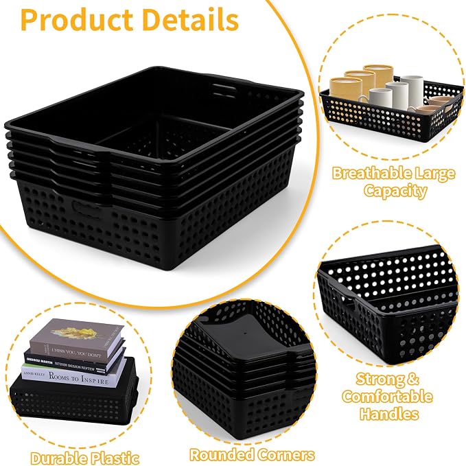 12 Pcs Plastic Storage Baskets Bulk 14 x 10 In Stackable Storage Bin with Handles A4 Size Desktop File Letter Organizer Tray Multi-purpose Container for Shelve Desktop Classroom Office Home Playroom - Image 3