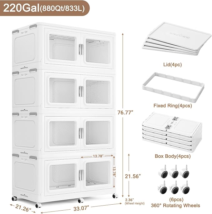 BROVIEW 880 Qt Extra Large Stackable Storage Bin with Lids, 4 Pack White | 220Gal Extra Large, Collapsible Storage Boxes with 4 Lids, Folding& Rolling Plastic Drawer, Heavy-Duty Cabinet Organization - Image 2