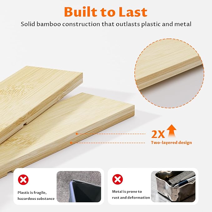 Bamboo Drawer Organizer with 9 Adjustable Compartments, Desk Storage Tray | Natural Bamboo, Flexible Modular Trays, Water-Resistant, Adjustable, Excellent Organization, Easy to Clean, Non-Slip Design - Image 5