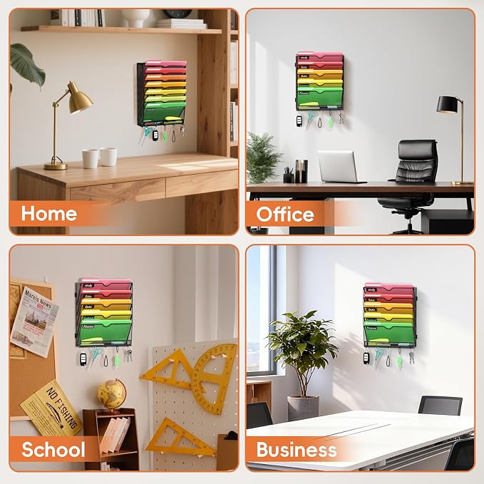 6-Tier Wall File Organizer with Hook, Hanging File Organizer Black | Wall-mounted mail storage holds papers, folders, files, clipboards and magazines, assembly required for office or home use. - Image 5