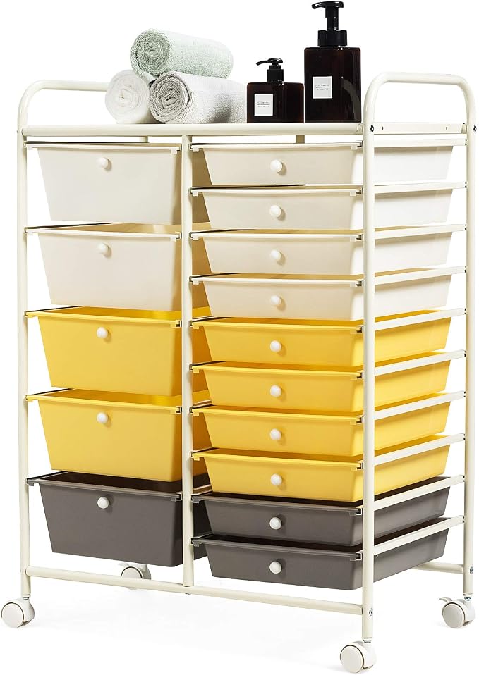 DORTALA 15-Drawer Rolling Storage Cart with Drawers, Rolling Utility Cart w/Removable Drawers & Universal Wheels, Tools Scrapbook Paper Organizer for School, Office, Home, Classroom (Yellow) by DORTALA