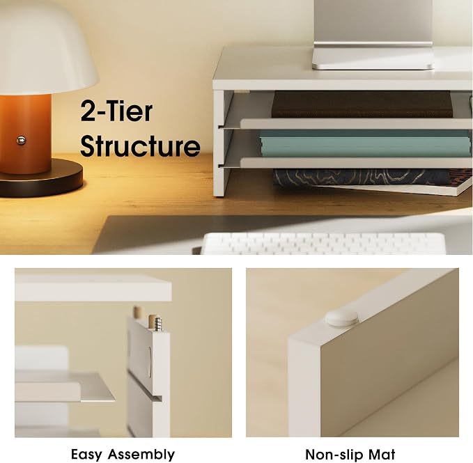 Fenge 14.3-Inch Monitor Stand with Slide-Out Trays, Wood & Metal Desk Shelf | 3-Tier Space-Saving Desk Storage Organizer, Fits Computer, Laptop, Printer and Telephone - Image 3