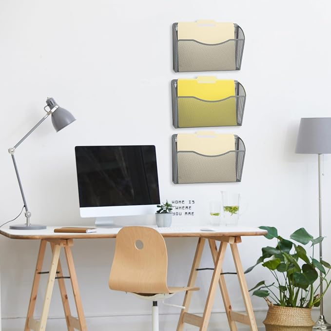 3 Single Pocket Mesh Hanging File Organizer, Vertical Wall Mounted Magazine File Holder, Mount Basket Mail Paper Document Folder Organizing for Office, Home and School, Gray - Image 4