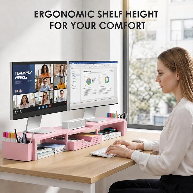 Desk Organizers and Accessories, Dual Monitor Stand Riser with Drawer and 2 Pen Holders, Desk Shelf Computer Racks for Office Workspace Organizers, Desktop Organization (Peach-pink) - Image 2