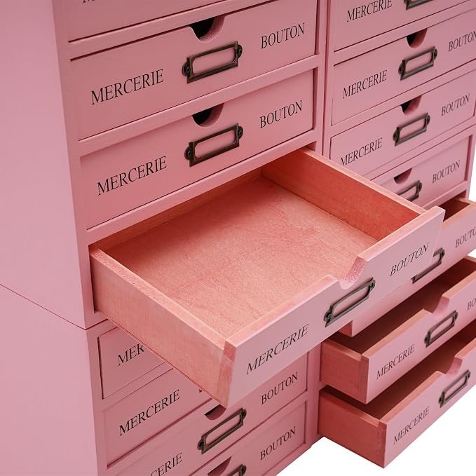 4PCS Vintage Wooden Drawer Organizer, 16-Drawer Stackable Storage Cabinet | Solid Pine Wood | 4-Tier | 35 Lbs Capacity | Iron Label Holders | Fully Assembled | For Office, Home, Craft Room (Pink) - Image 8