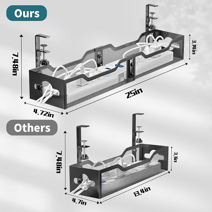 Under Desk Cable Management Tray Black, Litwaro Cable Management Under Desk No Drill, 25'' Cable Tray with Clamp for Wire Management, Cord Organizer for Office, Home - No Damage to Table - Image 2