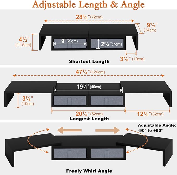 TEAMIX Wood Dual Monitor Stand Riser with Drawers-Length and Angle Adjustable Triple Monitor Stand with Storage Large Computer Riser for 2/3 Monitors/Laptops/PC/Printers - Image 4