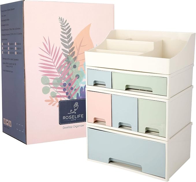 Makeup Organizer, Cosmetic Storage Box, ROSELIFE [TAEF-04] Desktop Stationery, Remote Control Storage Box, Kitchen Spices Organizer Box, 4 Pieces 6 Drawers, 5 Slots, Blue, Pink and Green Assortment - Image 8