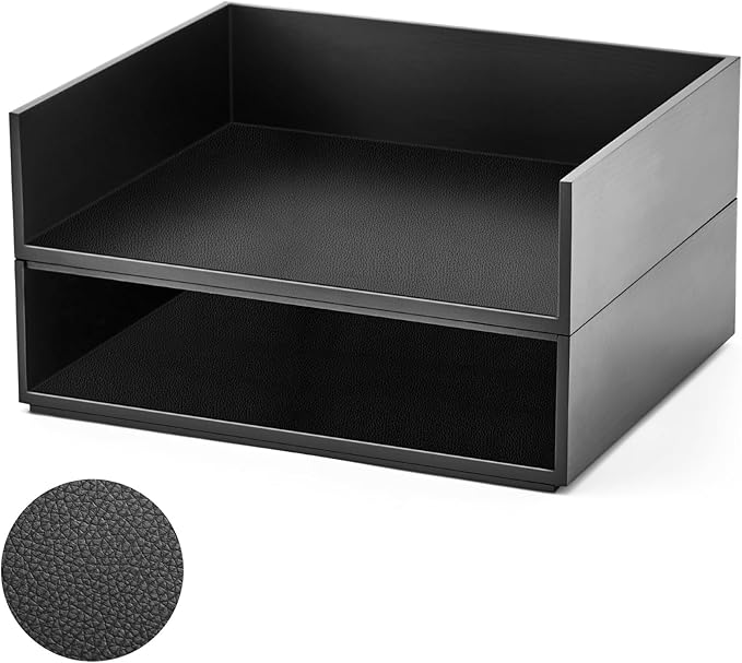 Yeaqee 2 Pcs Wooden Leather Stackable Letter Trays 13 x 10.6inch Luxurious Surface Desk Letter Tray Heavy Paper Inbox Mail Organizer for Office Document Magazine Folder Desktop Accessories(Black) by Yeaqee