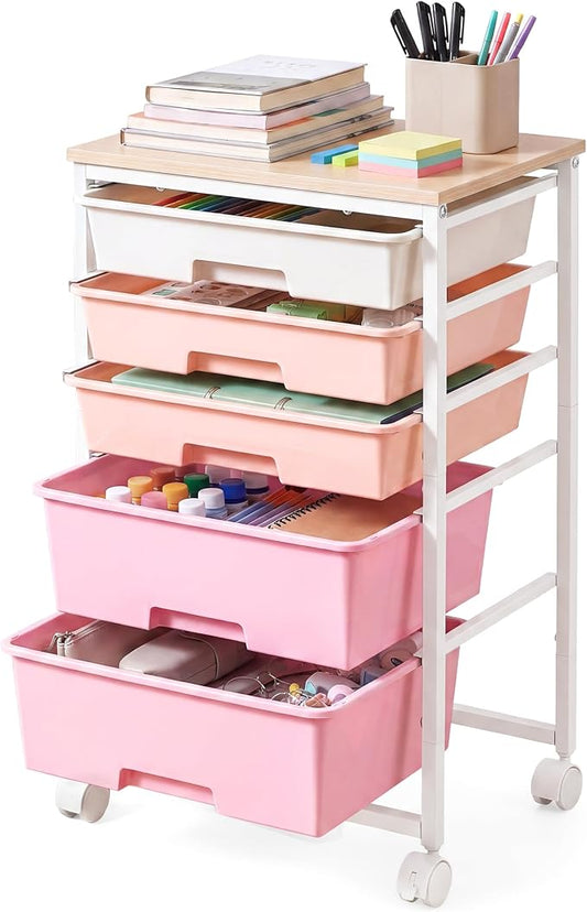 VASAGLE 5-Drawer Rolling Storage Cart, Mobile Organizer Trolley with Wood Top and Metal Frame, for Craft Room, Office, 15.6 x 11.2 x 24.8 inch, Pink, BENCO Collection ULRC005S101 by VASAGLEbySONGMICSHOME