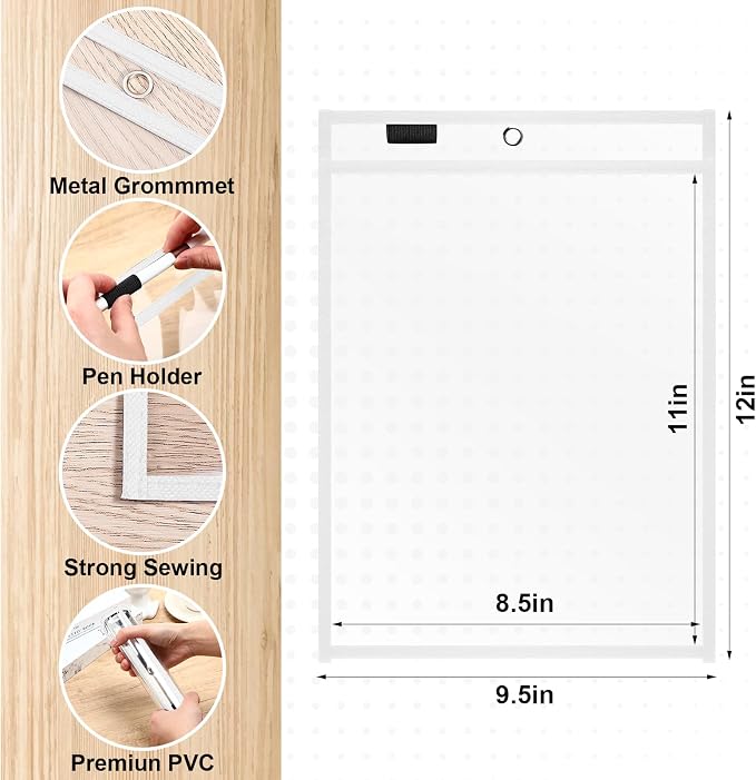 Nezyo Dry Erase Pockets Plastic Job Ticket Holders Shop Holder Order Pockets Clear Sleeves Tickets Folders Plastic Sleeves Paper Teacher Supplies for Classroom (12 x 9.5 in,White,50 Pcs) - Image 2