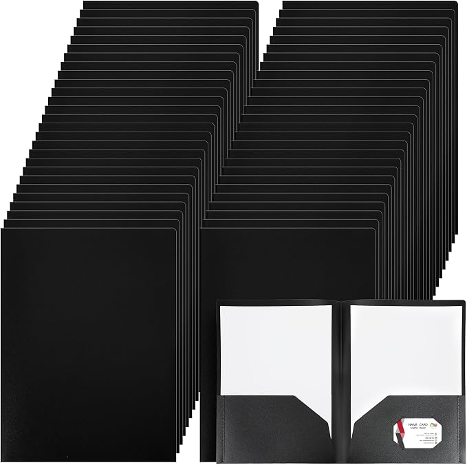 Patelai 50 Pack Plastic Folders with Pocket Bulk 2 Pocket Heavy Duty Letter Size Folders Business Card Holder for School Office File(Black Color) by Patelai