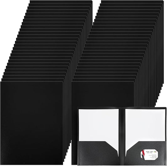 Patelai 50 Pack Plastic Folders with Pocket Bulk 2 Pocket Heavy Duty Letter Size Folders Business Card Holder for School Office File(Black Color) by Patelai