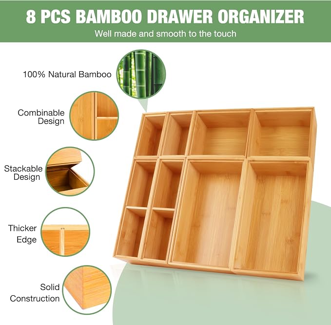 Bamboo Drawer Organizer Set, 8 PCS Multi-Use Wood Drawer Storage Boxes, Junk Drawer Organizer Divider Bins for Kitchen, Bathroom, Office Desk, Makeup, Jewelry, Utensils - Image 3