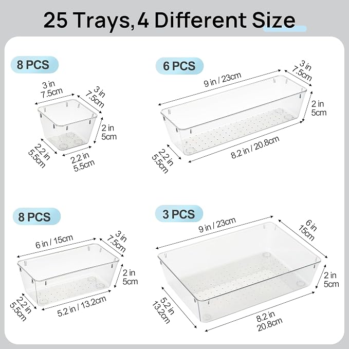 Vtopmart 25 Pack Plastic Drawer Organizers with Non-slip Rubber Pads | 4-Size Versatile Makeup Organizer, Storage Containers Small Bins for Makeup, Jewelries, Bedroom, Kitchen Utensils and Office - Image 7