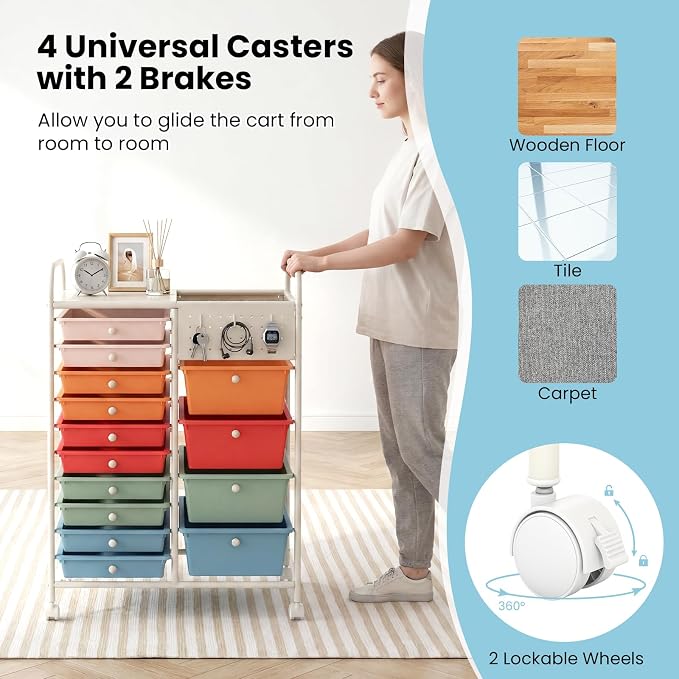 GOFLAME 14-Drawer Rolling Storage Cart with Pegboard, Craft Storage Cart with Lockable Wheels and Metal Frame, Art Cart Supply Storage Organizer for Home Office Classroom, Macaron Color - Image 6