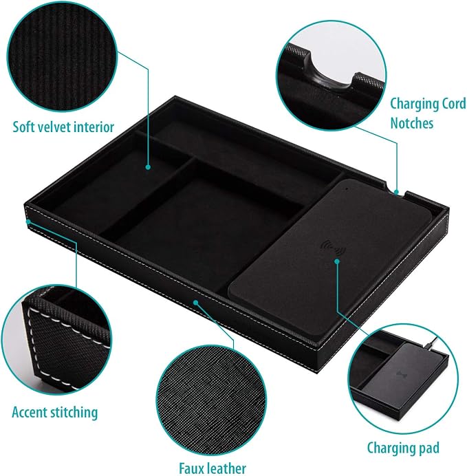 Valet Tray, Built in Wireless Charging Pad, Nightstand Organizer, Dresser Organizer, Mens Jewelry Box, Valet Charging Station, Faux Leather Valet Tray for Men and Women, (Black) - Image 5