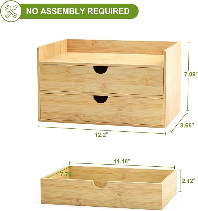 Bamboo Desk Organizer with Drawers, Desktop Storage Box for Office Supplies | 2 Drawers Desktop organizer, No Assembly Required, Natural Wood Wooden Desktop Drawers for Bills, Cosmetics, Seals, Paper - Image 3