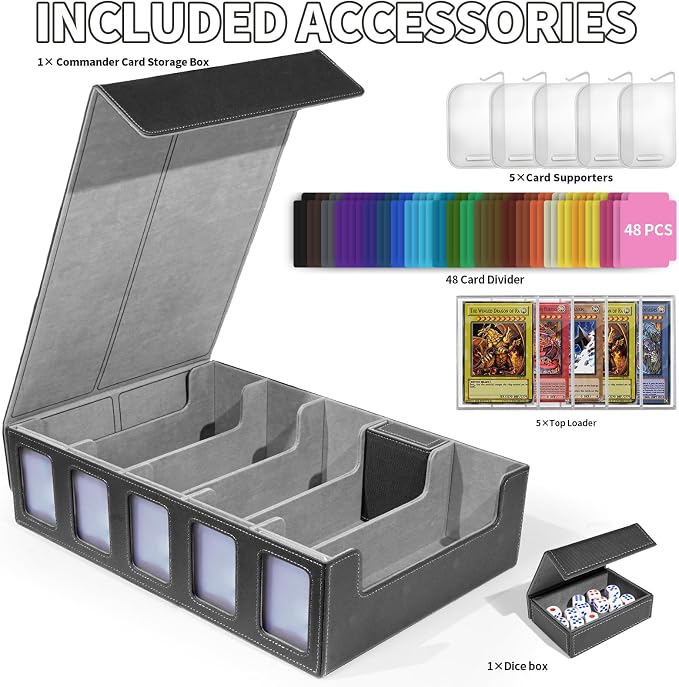 Trading Card Storage Box with Commander Display, 5-Row Deck Case with Removable Lid, 3900+ Cards Deck Case with 48 Colorful Dividers, Magic Card Organizer for TCG PTCG, Black Grey - Image 5