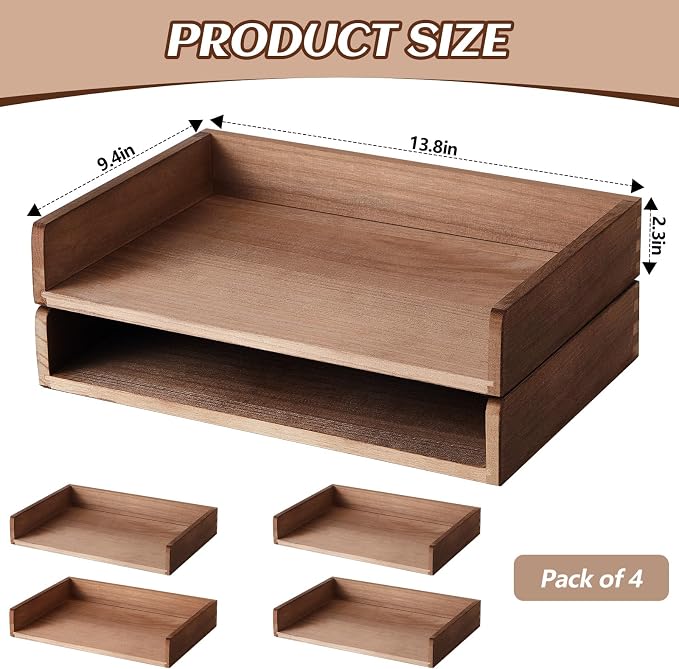 Yeaqee 4 Pcs Stackable Paper Organizer Tray Wood Desk Organizer Letter Tray Desktop Letter Size Office Wooden Desk Shelf Paper Holder Folder Organization Rack for Mail File Document(Dark Wood Color) - Image 3