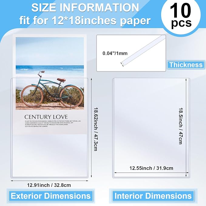 Ireer 10 Pcs 12 x 18'' Clear Semi-Rigid Plastic Sheet Hard Print Protectors Heavy Duty Magazine Cover Poster Sleeves Hard Plastic Document Holder Paper Page Protector for Lithographs Photo Poster - Image 2