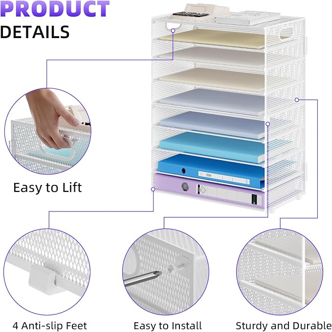 Marbrasse Paper Organizer Letter Tray, 9 Tier Mesh File Organizer with Handle, Paper Sorter Desk Organizer for Home Office Supplies - White - Image 3