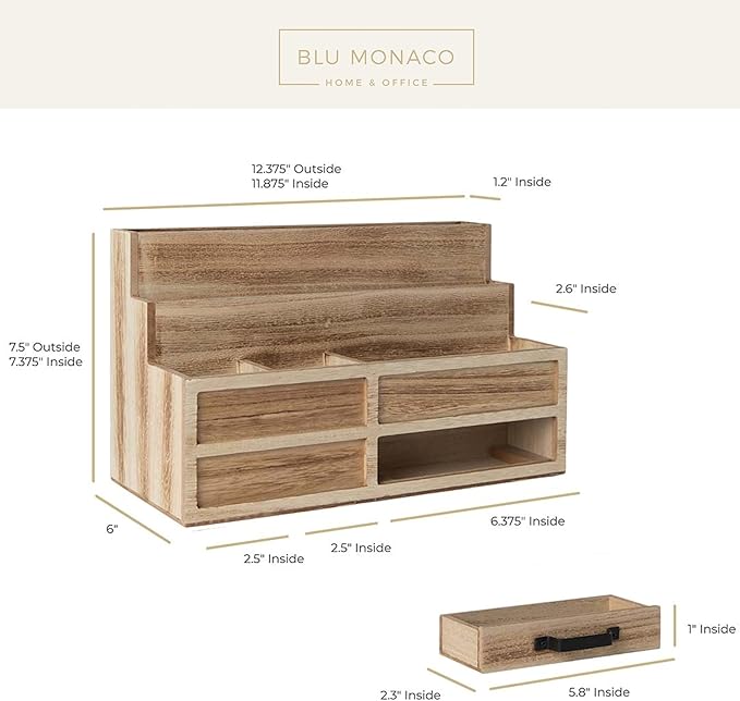BLU MONACO | Natural Wood Mail Organizer with Drawer & Pen Holder | Rustic Desk Organizer for Bills, Letters & Countertop Storage | Wooden Desktop Mail Sorter for Home & Kitchen - Image 6