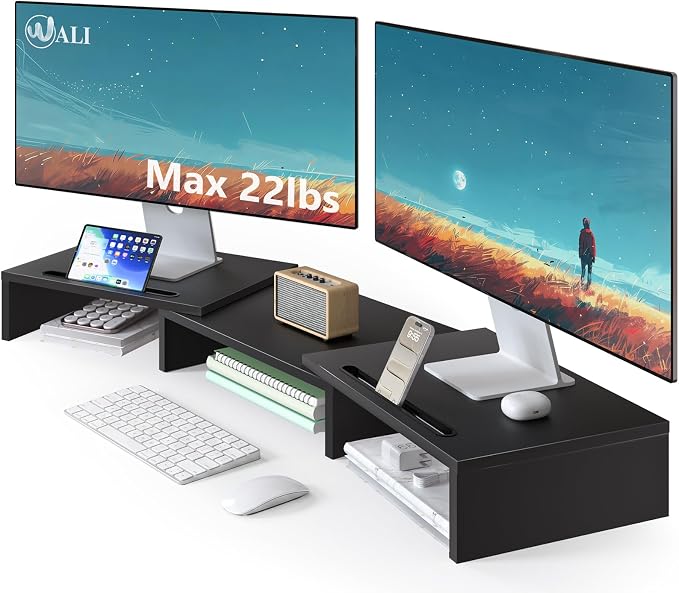 WALI Extra Long Wooden Dual Monitor Stand Riser with 2 Slots, up to 22lbs | Underneath Storage, Adjustable Length & Angle, Multi-Purpose Desktop Organizer Desk Shelf for Home Office PC, Laptop, Printer by WALI