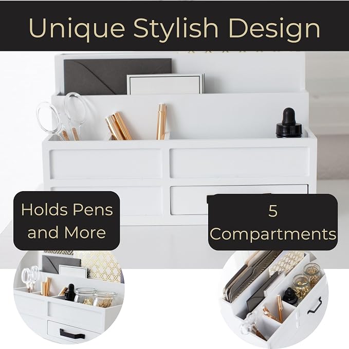BLU MONACO | White Desktop Organizer with Drawer Storage | Tabletop Organizer with Drawers for Paper Bills Mail | Wooden Mail Organizer for Countertop Workspace - Image 5