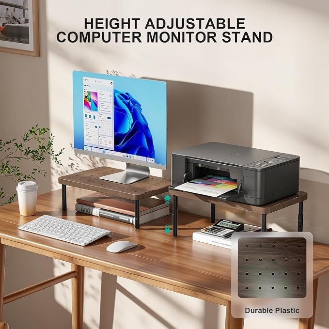 WALI Plastic Computer Monitor Stand, Adjustable Laptop Riser, up to 44 lbs | Desk Monitor Riser Underneath Storage, Fits Notebook, Laptops, Printers, for Home, Office, School(PTT001-C),1 Pack,Brown - Image 3