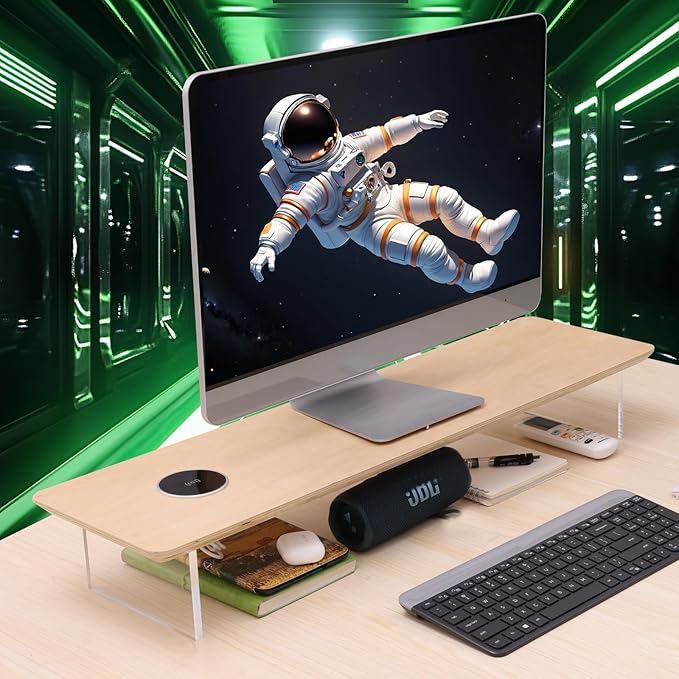 SUIBIAN White Monitor Stand Riser with Wireless Charging 31.5Inch Large, Computer Monitor Stand,Wooden Desktop Organizer Shelf for Office Desk Computer,Laptop,TV (White Oak) - Image 4