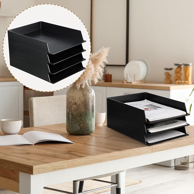12 Pcs Stackable Paper Trays Rectangular Plastic Desk Holder Desktop Document File Organizer Storage Letter for Office Classroom (Black) - Image 6